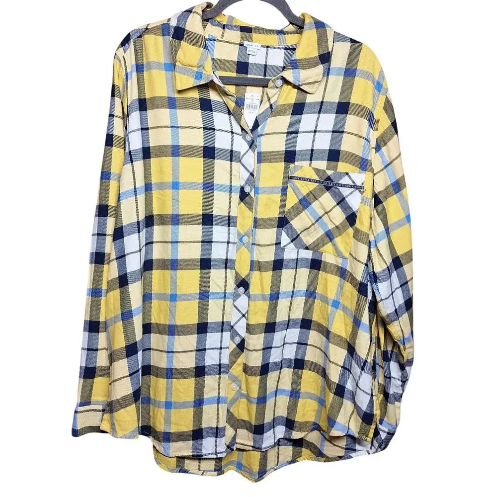 Aerie NEW Plaid women's pajama set yellow blue shorts long sleeve top XL sleep